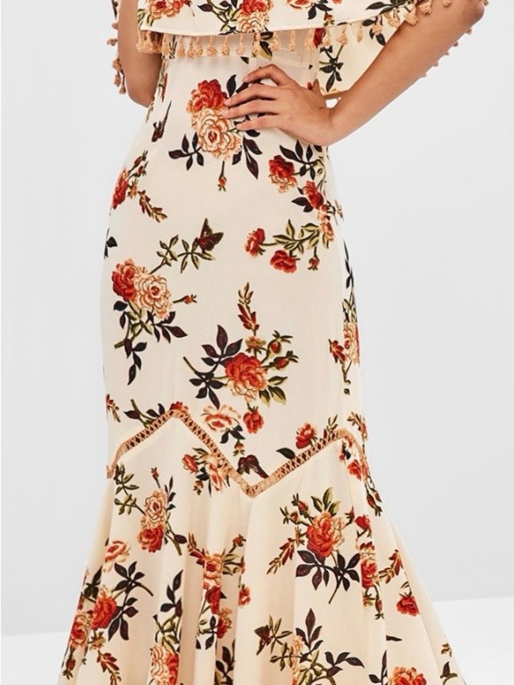Zaful Cream Floral Maxi Skirt with Red and Green Accents